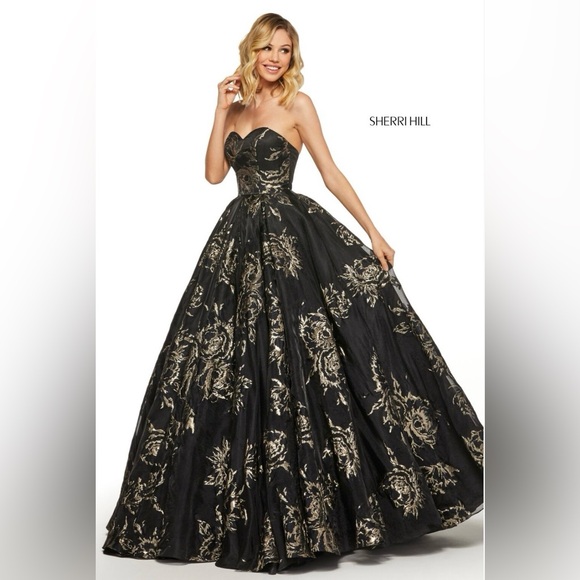 Sherri Hill Black Ballgown with Gold Metallic Floral Print Size 2 - Picture 2 of 6